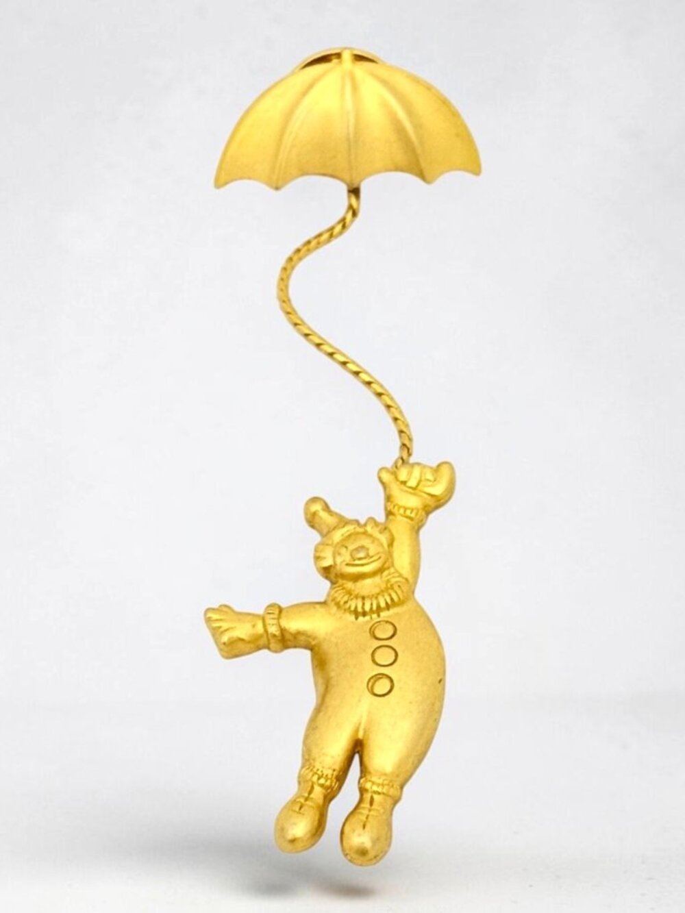 Vintage JJ Jonette Floating Clown Umbrella Brooch Pin 1980s Gold Tone Signed